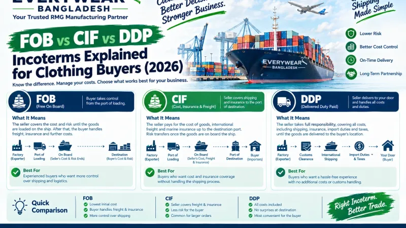 FOB vs CIF vs DDP: Incoterms Explained for Clothing Buyers (2026)
