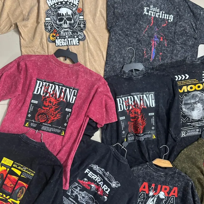Mens Acid Wash Drop Shoulder Mixed Printed T-Shirt Wholesale Bangladesh