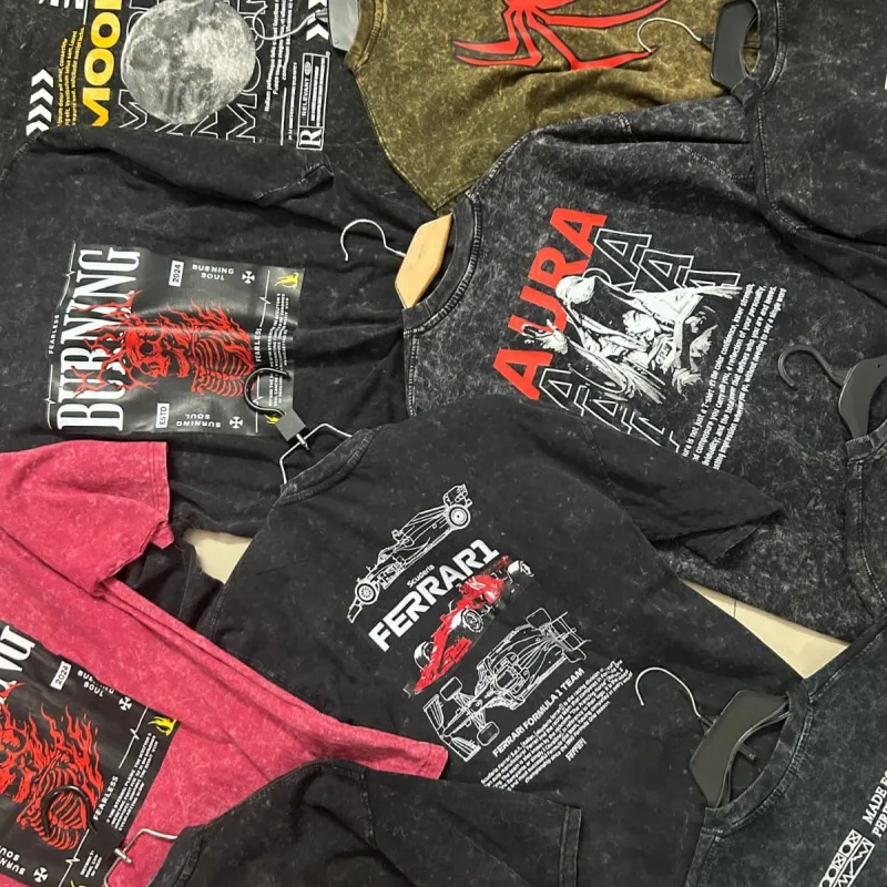 Mens Acid Wash Drop Shoulder Mixed Printed T-Shirt Wholesale Bangladesh